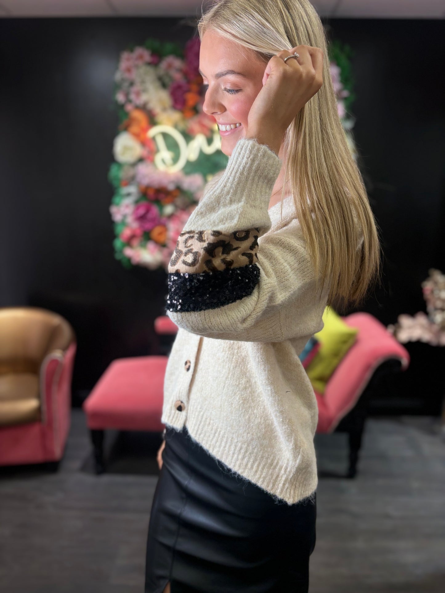 Cream Leopard Sleeve Cardigan