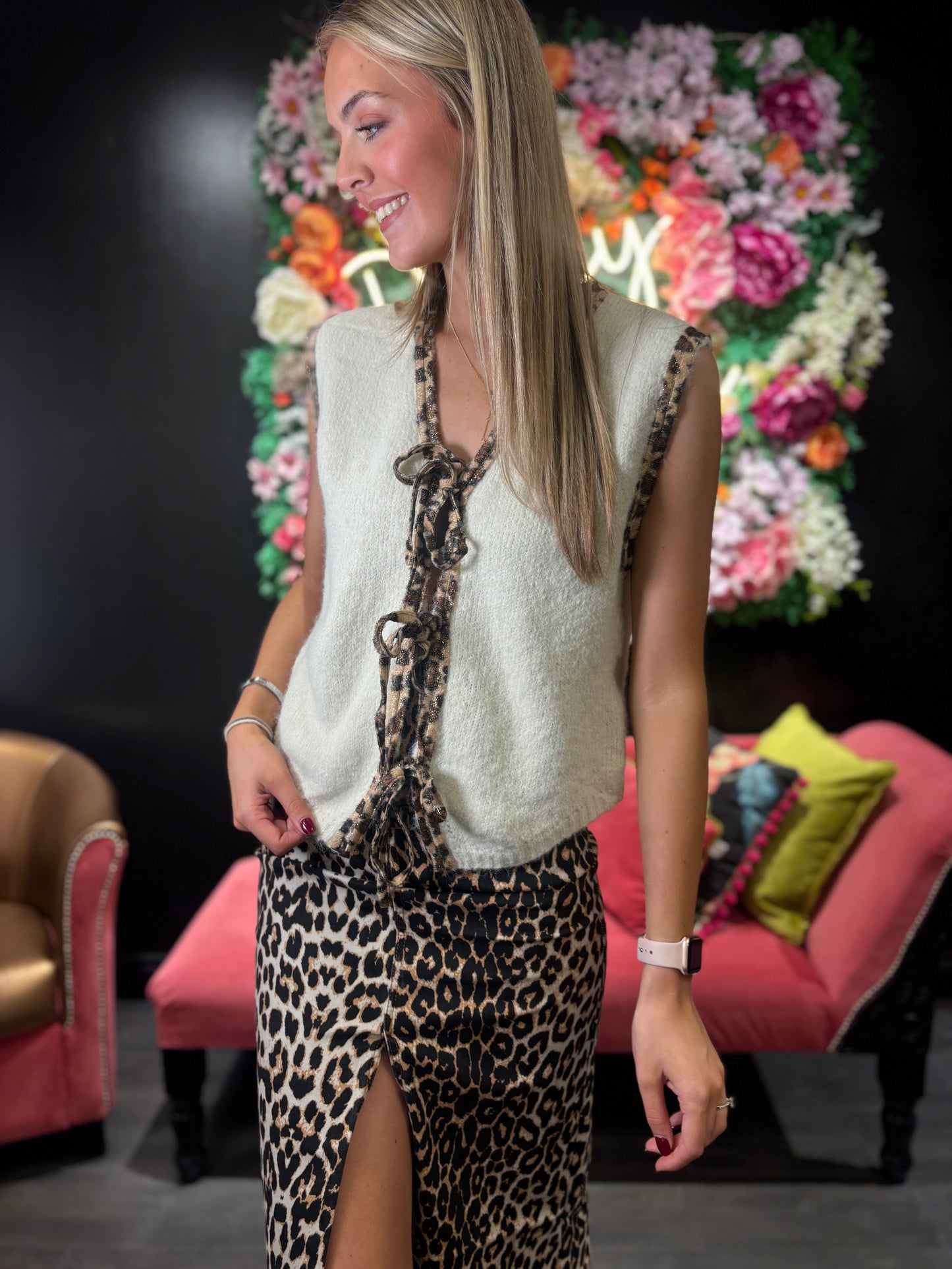 Daisy Cream Leopard Trim Waistcoat