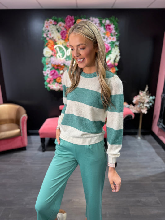 Dusty Stripe Jumper Green and Cream