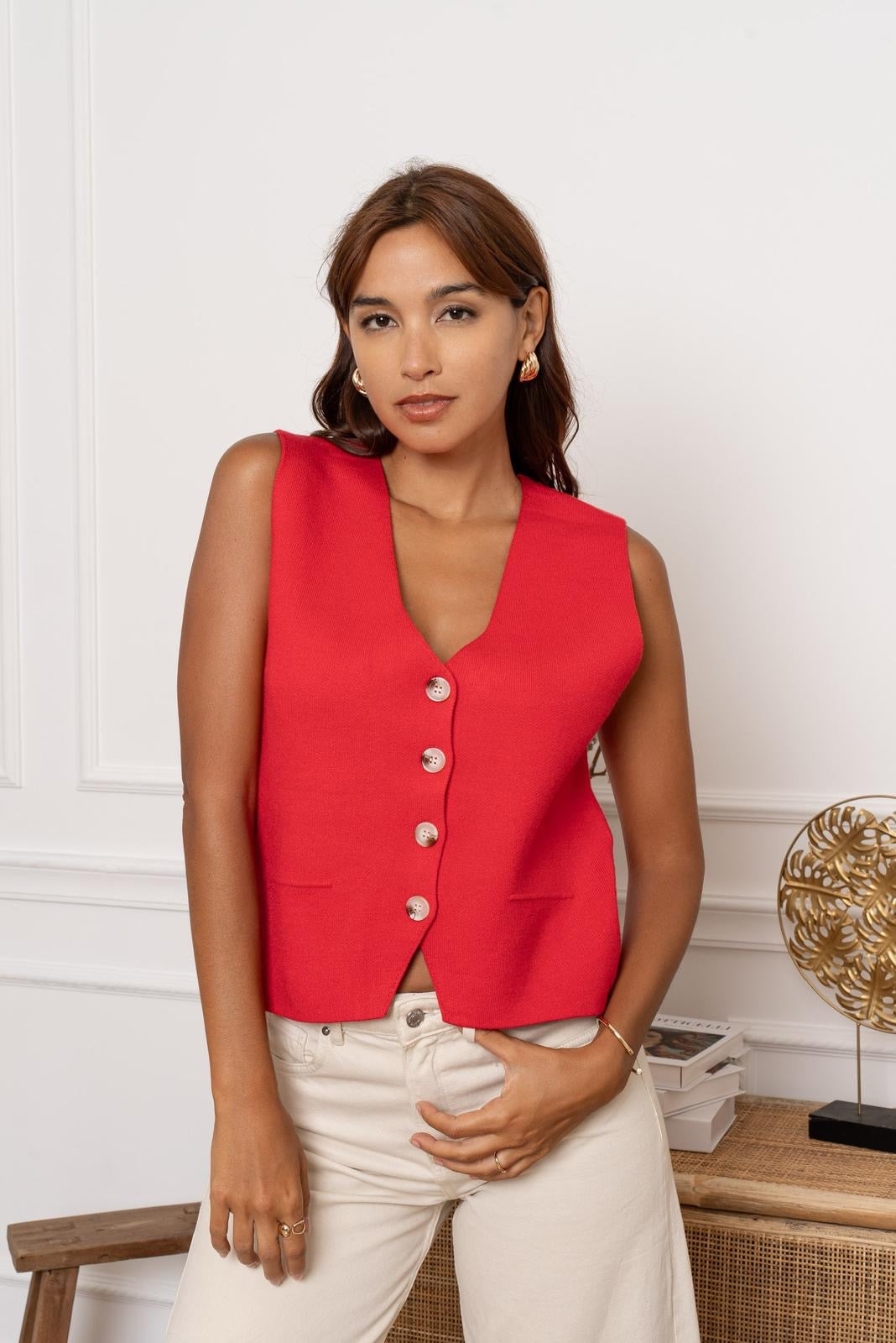 Daisy Knitted Red Waistcoat