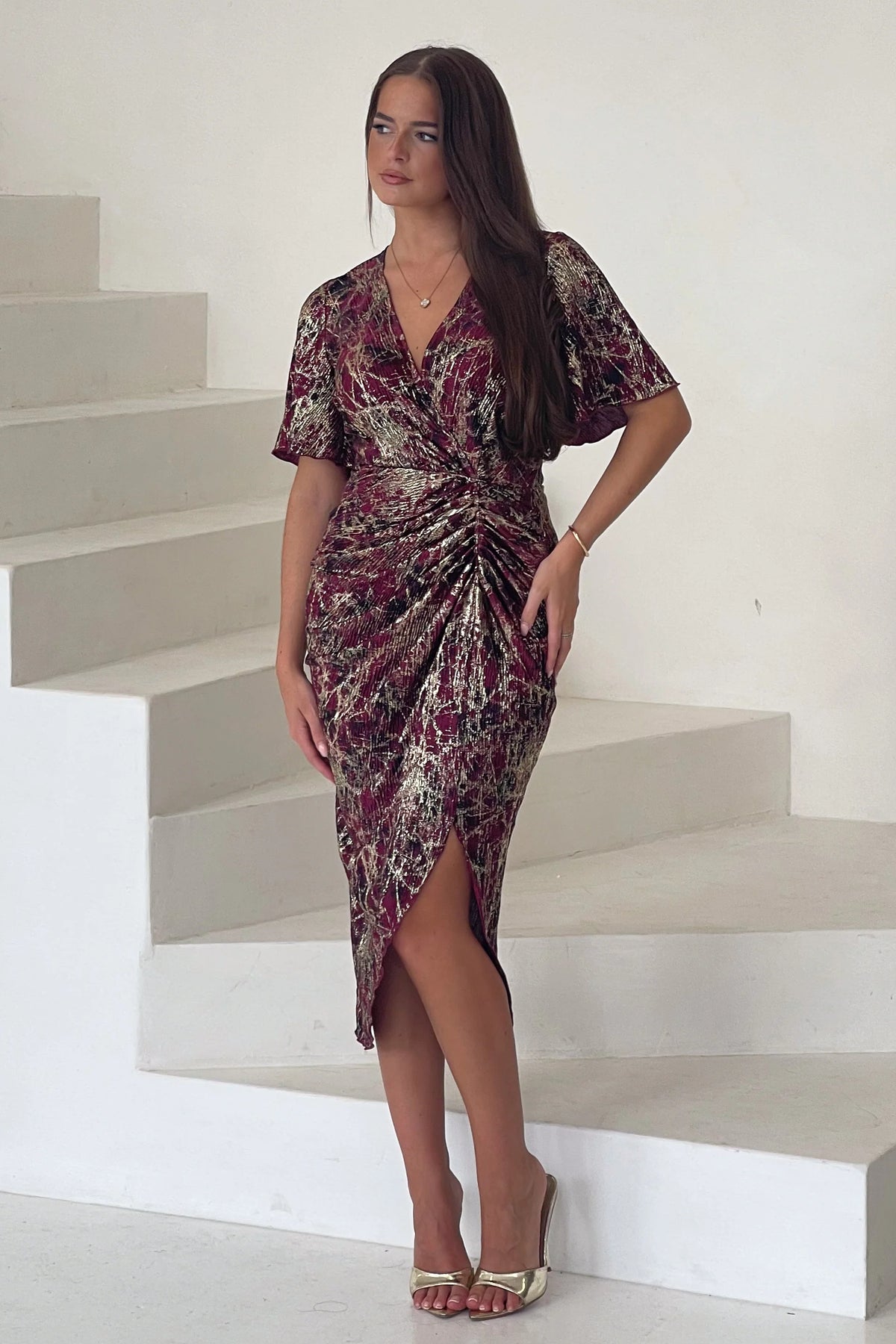 Isla Wine &amp; Gold Midi Dress