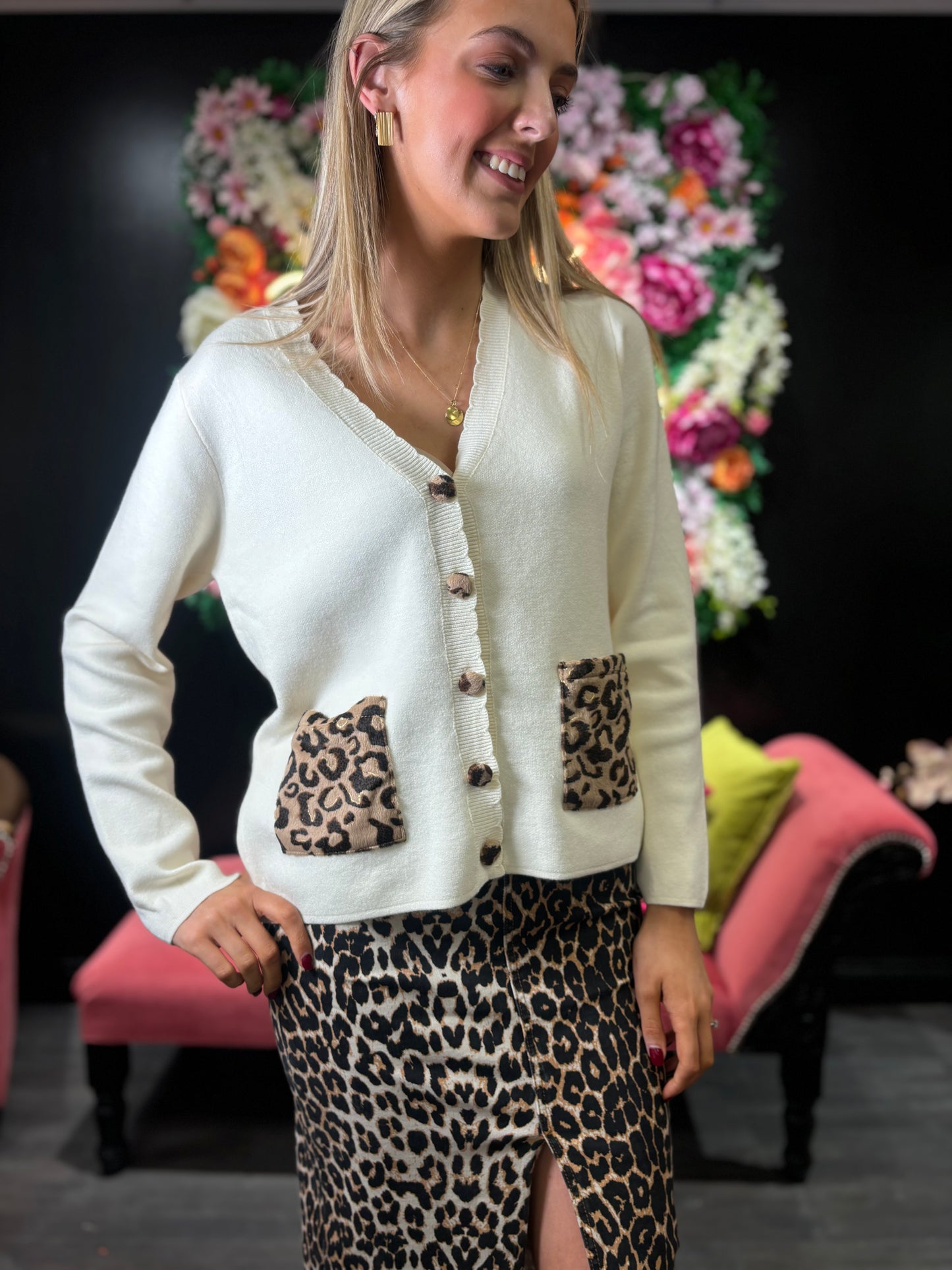 Cream Leopard Pocket Cardigan